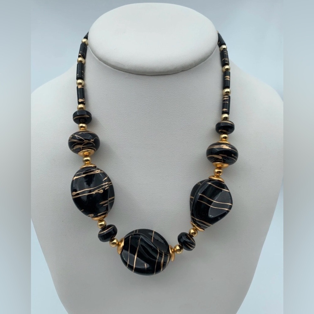 Vintage Jet Black Lucite Gold Color Drizzle Beaded Necklace Chunky Retro Jewelry